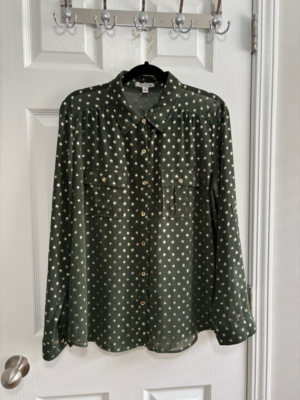Faith and Joy Olive Green Button-Down Blouse with Ivory Dot Print
